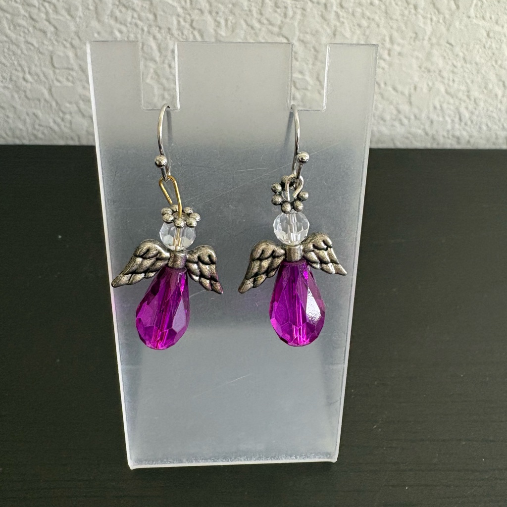 Purple Rhinestone Angel Dangle Earrings Silver Tone Preowned Purple Rhinestone Angel Dangle Earrings Silver Tone Preowned